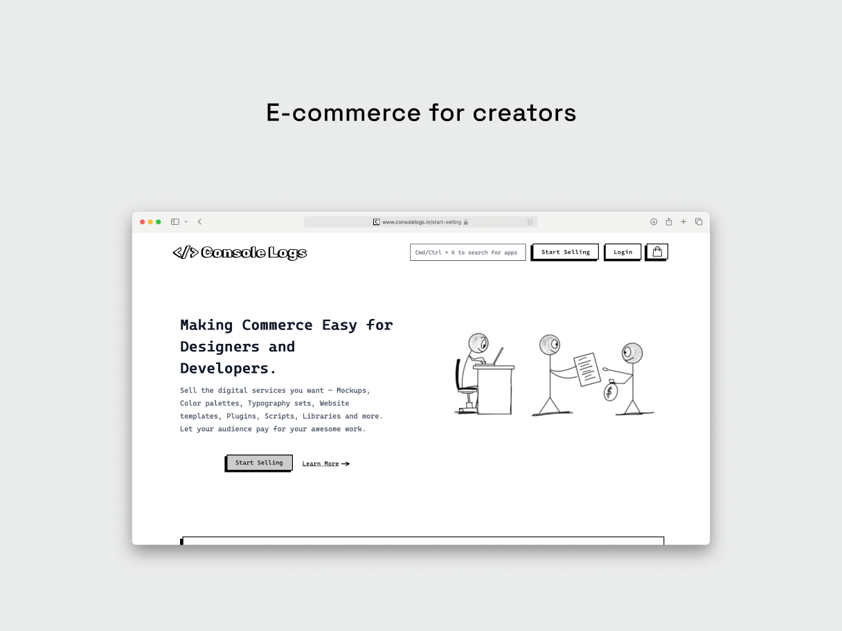 Console Logs marketplace interface showing digital products for creators and buyers