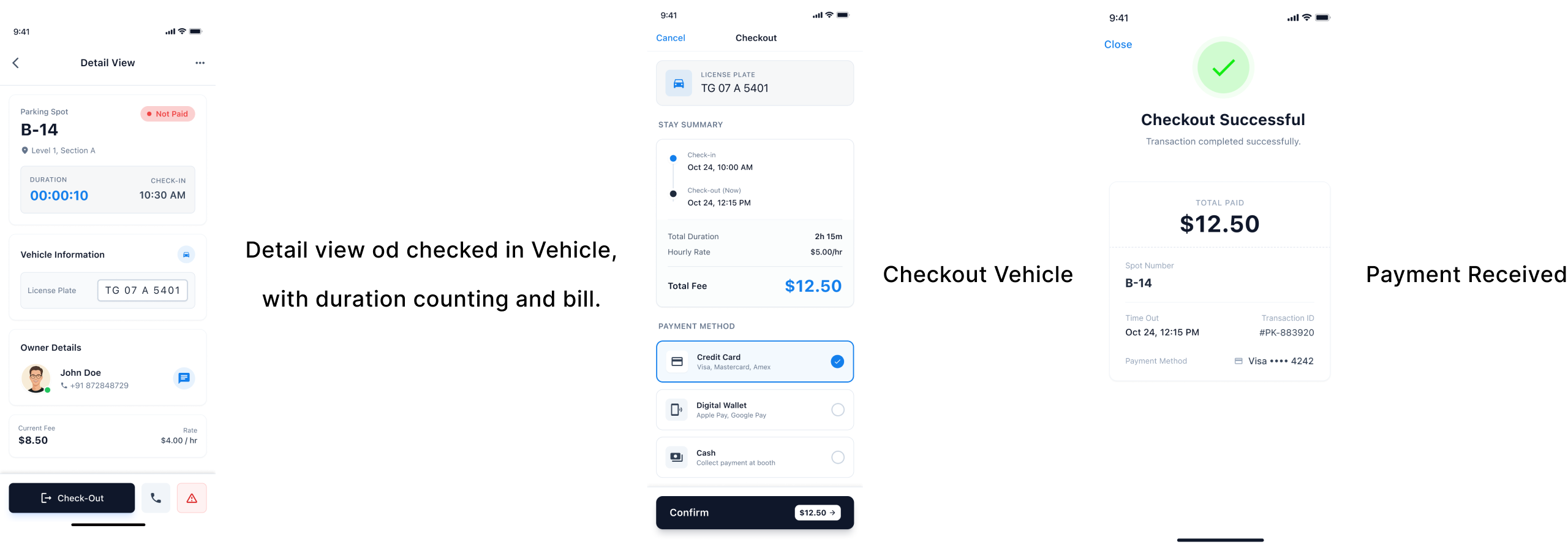 Three phone mockups showing checkout flow: vehicle detail view with duration and bill, checkout vehicle, and payment received