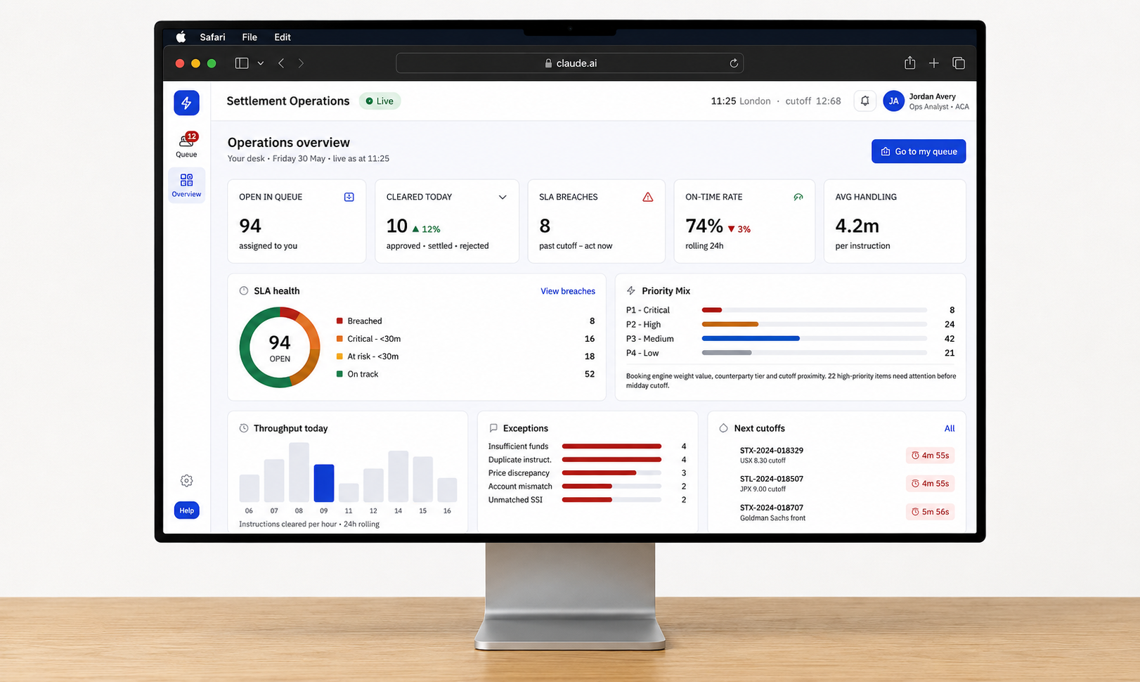 Triage operations platform showing transaction history with full audit trail